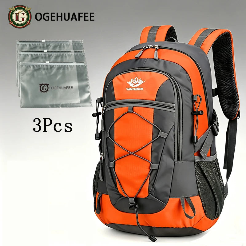Ogehuafee Unisex Outdoor Hiking Backpack, 20-35 Litre Travel Storage Pack – Orange 4-Piece Set
