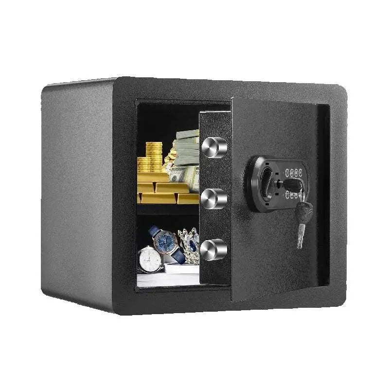Small black electronic home safe with digital keypad, open door revealing cash, gold bars, and jewelry.