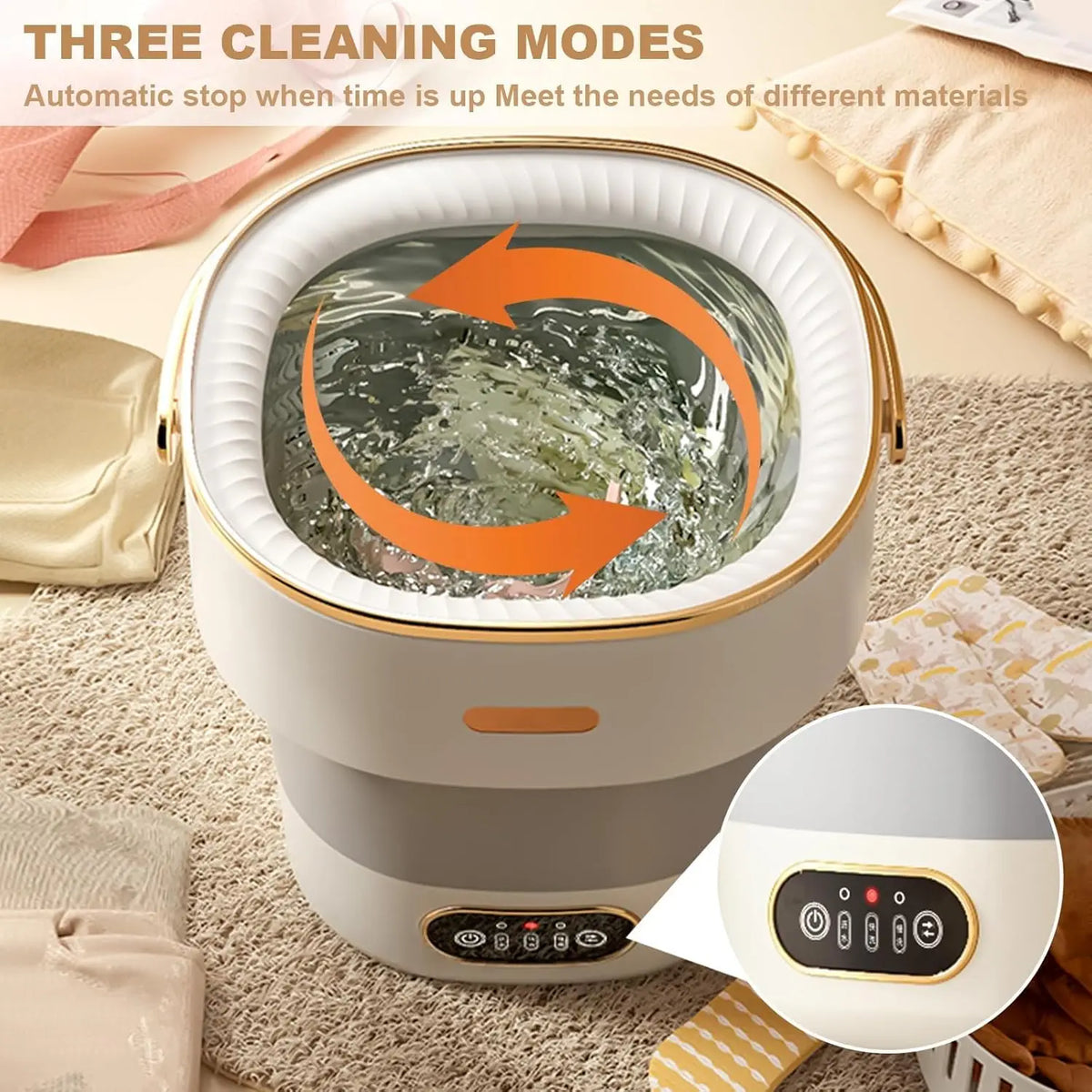 Foldable mini washing machine showing internal cleaning motion and digital control panel details.