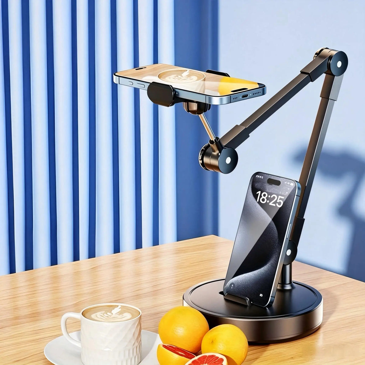 Adjustable black metal desk phone stand holding a smartphone in horizontal and vertical position