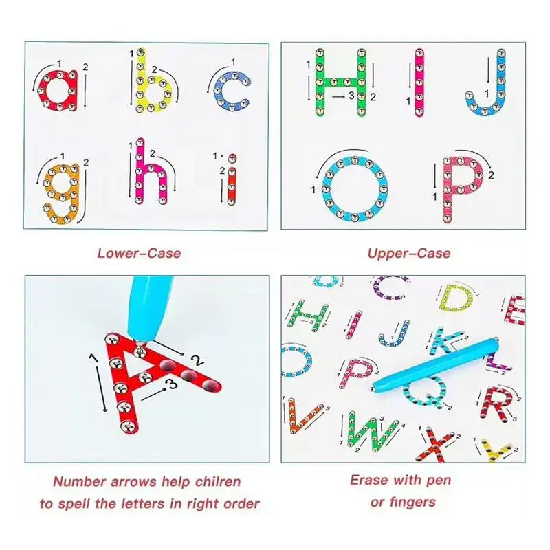 Magnetic alphabet tracing board with instructional arrows, showing uppercase and lowercase letters.