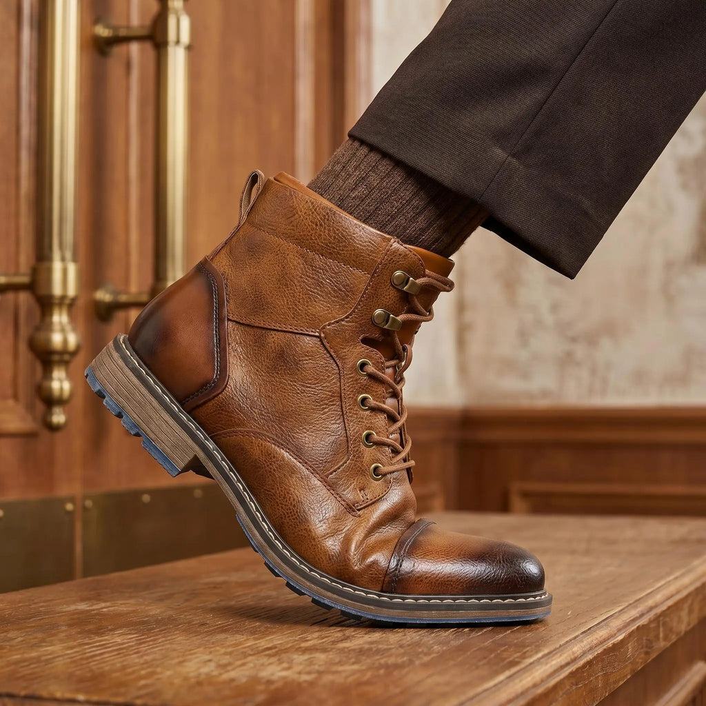 Men's brown leather lace-up ankle boot on a wooden surface