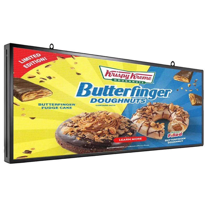 A wide rectangular LED scrolling message display board showing a food advertisement.