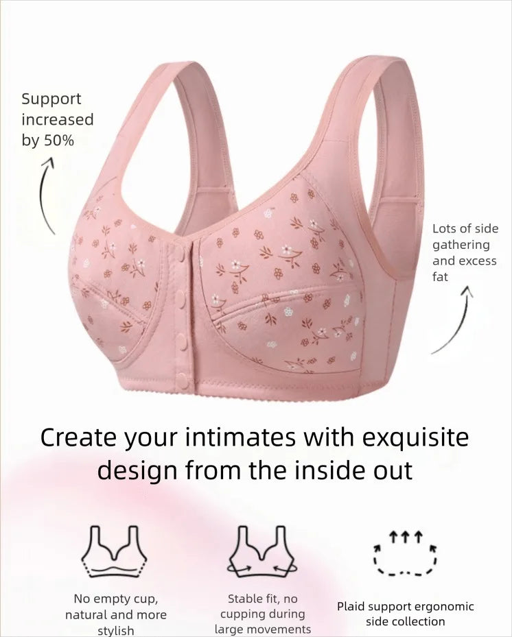 A pink floral bra highlighting support and side gathering features
