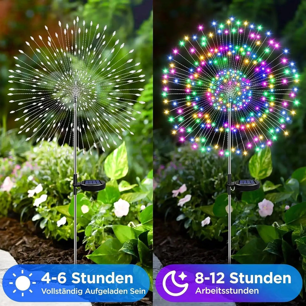 Solar firework garden light stake with multi-colored LEDs and a solar panel at the base