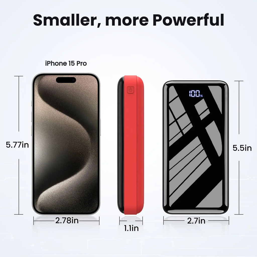 Comparison of a portable power bank size next to a smartphone with dimensional measurements