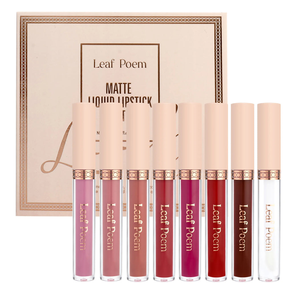 Eight liquid lipsticks arranged in front of their product box.