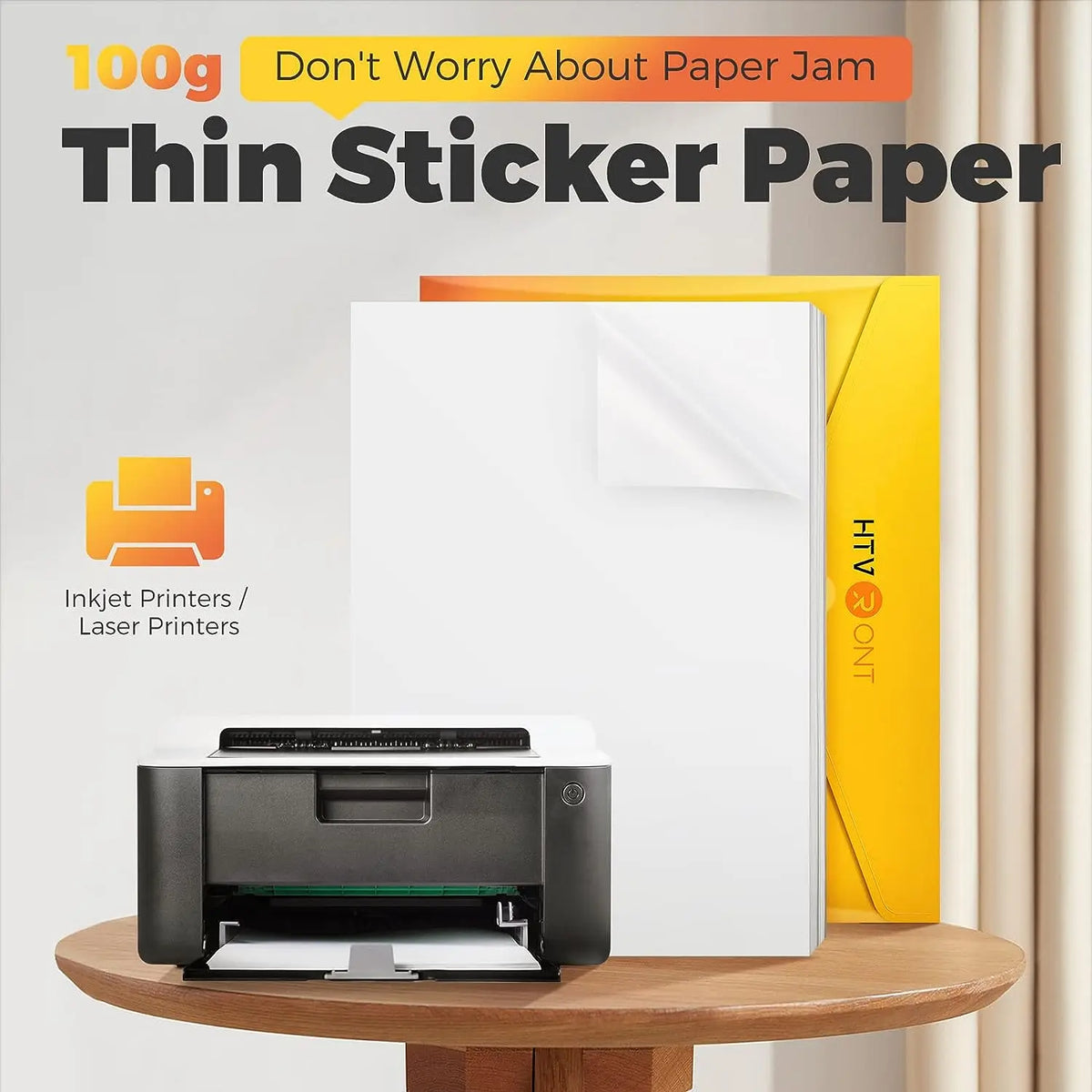 Thin sticker paper sheets for inkjet and laser printers with a printer in the background