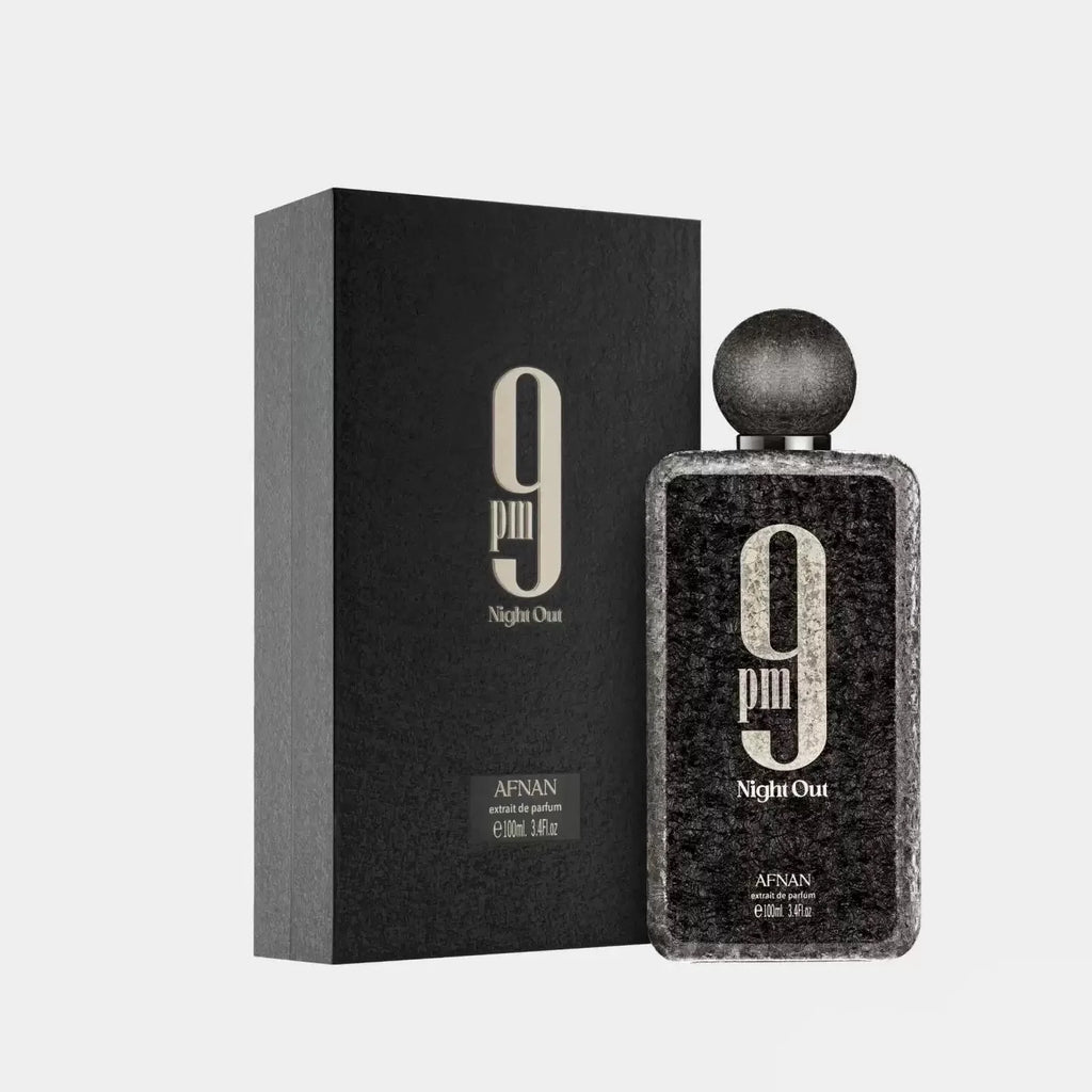 A black textured men's perfume bottle standing next to its black presentation box.