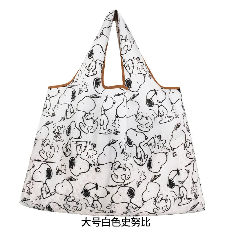 A white foldable shopping bag with a cartoon dog print.