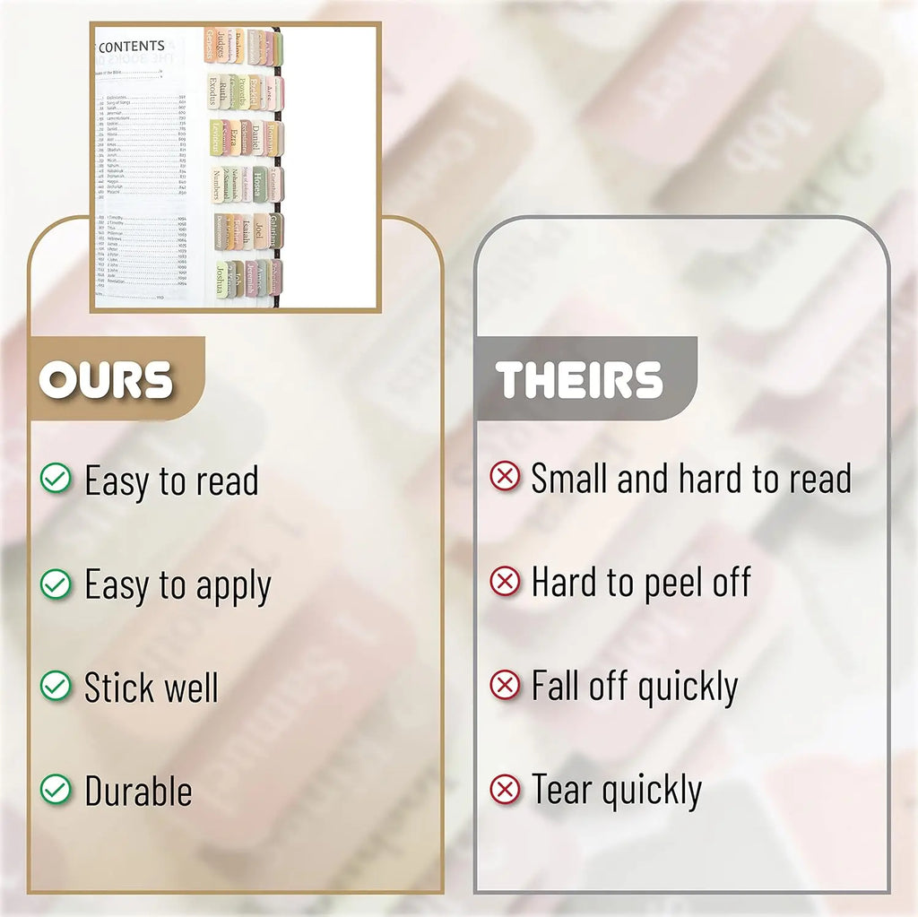 Comparison chart showing benefits of these index tabs versus others for a bible.