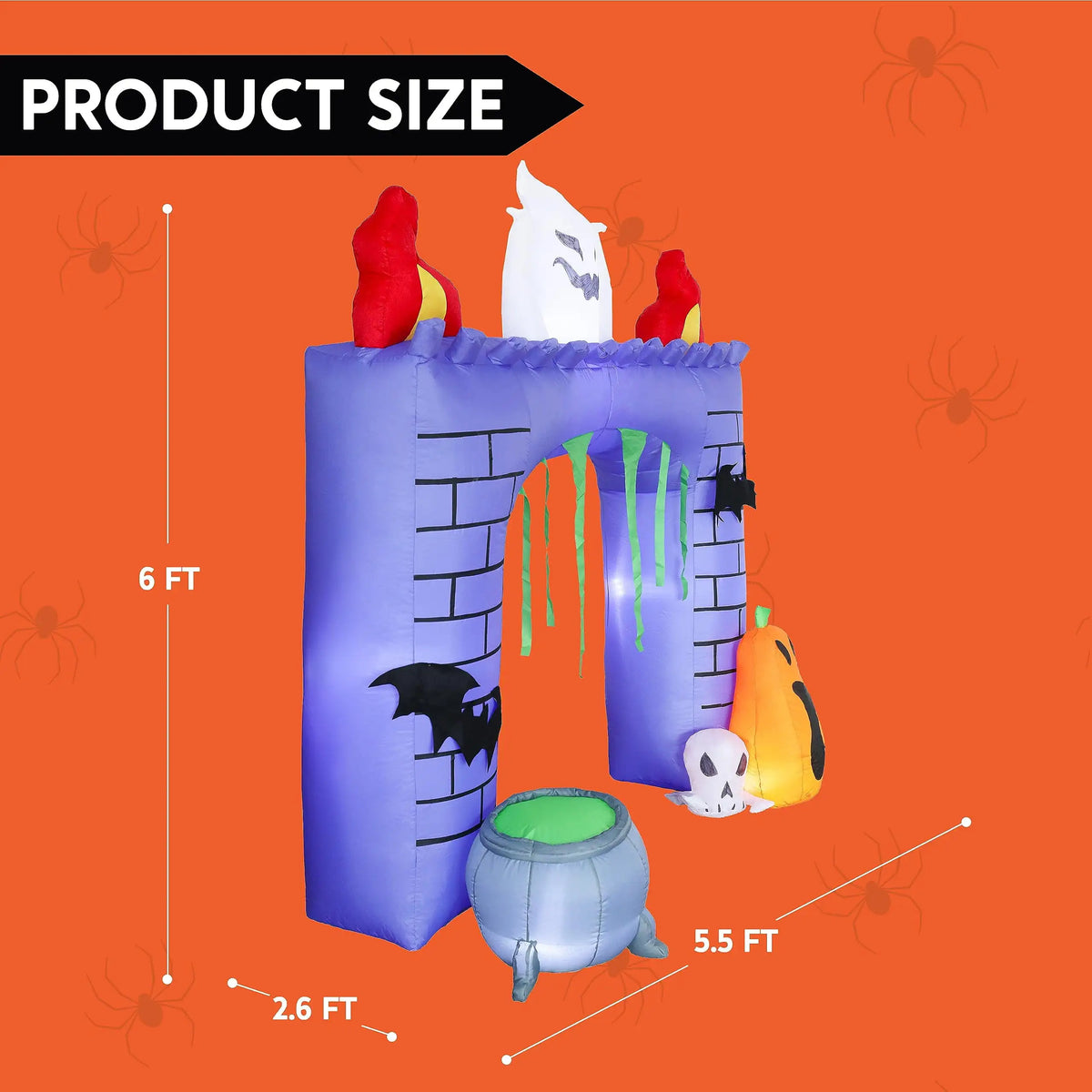 Halloween haunted castle trunk-or-treat inflatable product size dimensions diagram on orange background