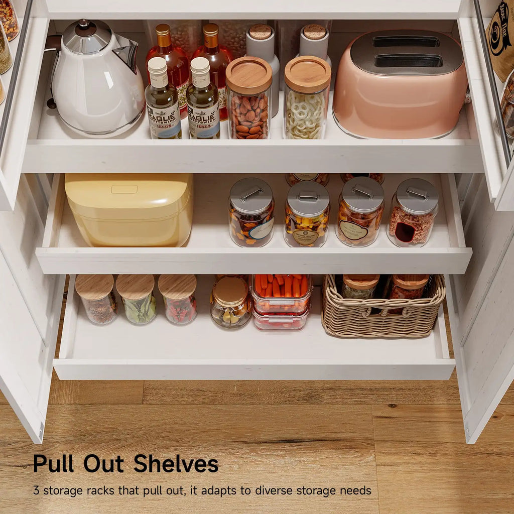 Close-up of kitchen pantry interior with three slide-out shelves containing various food jars, containers, and appliances