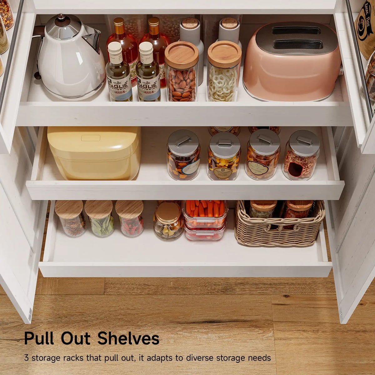 Close-up of kitchen pantry interior with three slide-out shelves containing various food jars, containers, and appliances
