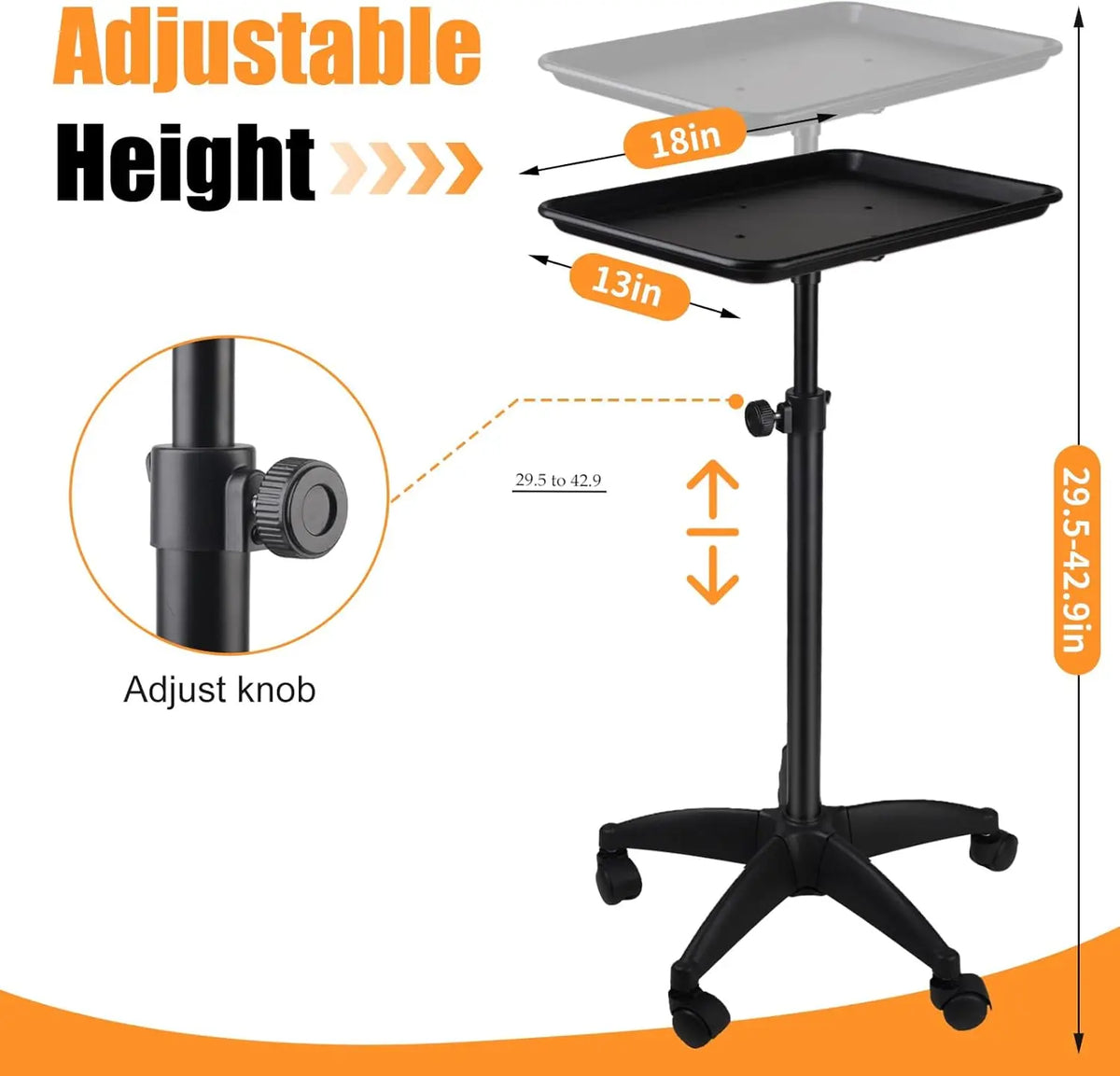 Black adjustable salon cart showing height measurements with arrows