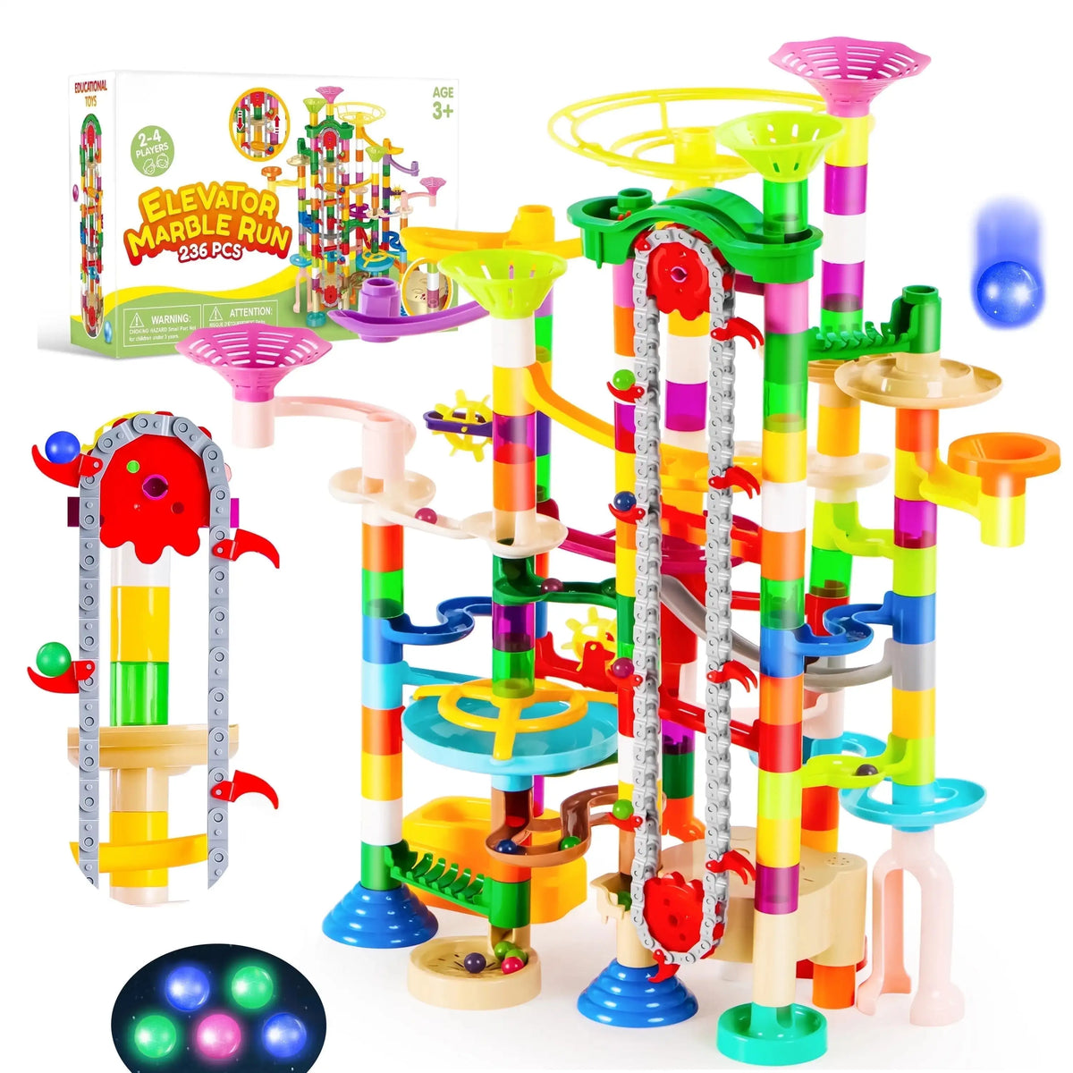Colorful marble run construction toy set with motorized elevator and glowing marbles.