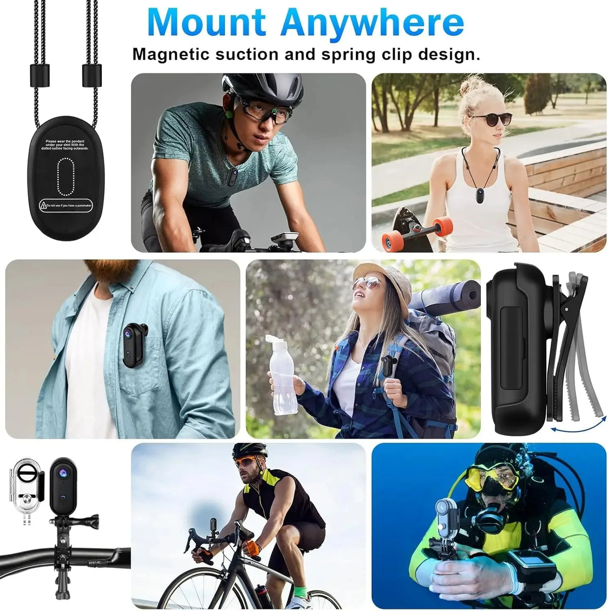 Collage of different mounting options and usage scenarios for a compact wearable action camera