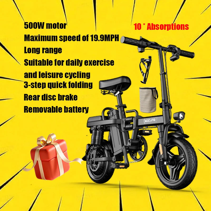 Socling 14-Inch Commuter E-Bike, 500W Motor, 19.9 MPH, Removable Battery – Black