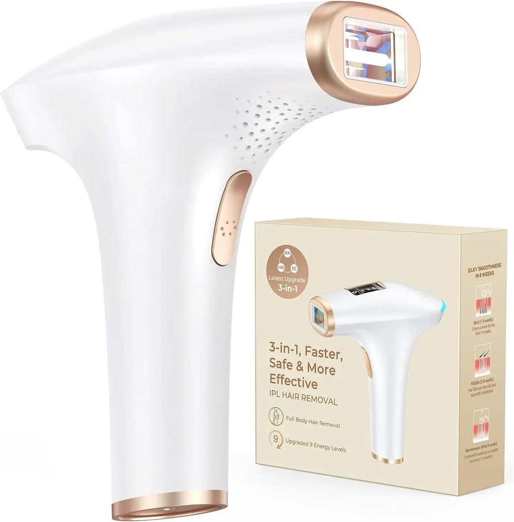 White and rose gold IPL hair removal device with its packaging box.