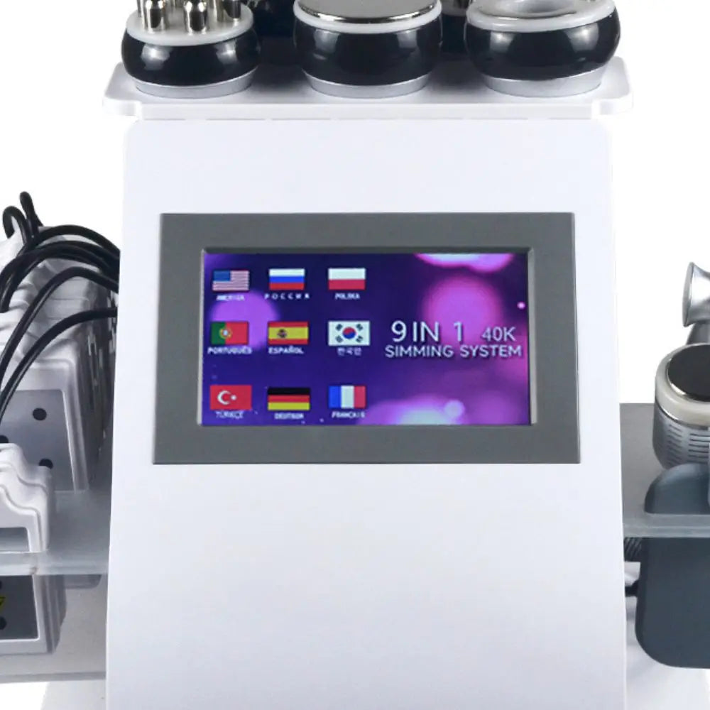 A 9-in-1 multifunctional ultrasonic body slimming beauty machine with a digital touchscreen display.