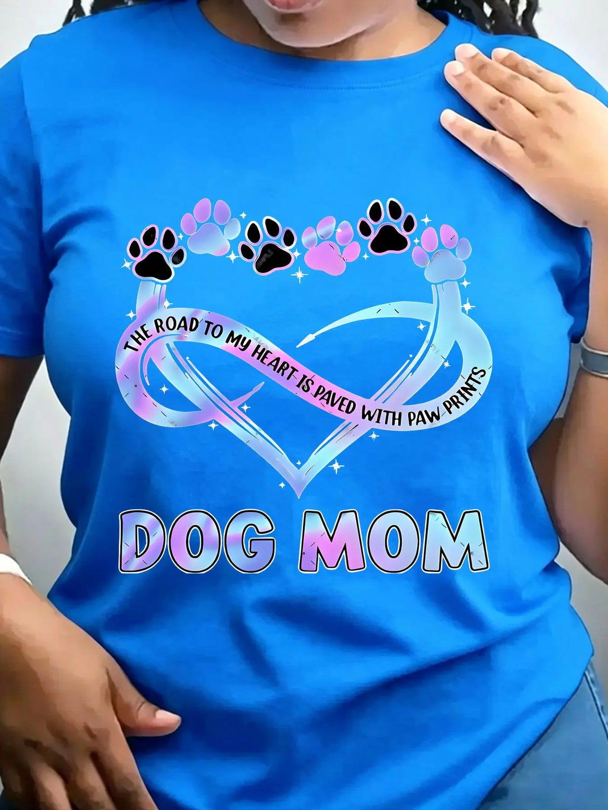 Blue crew neck t-shirt with Dog Mom infinity heart and paw print design