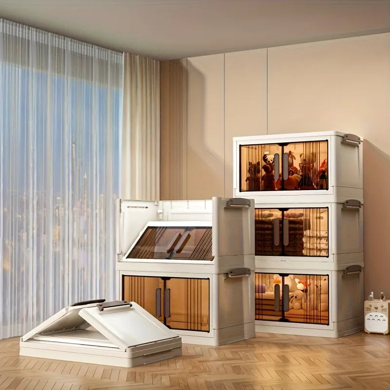 Foldable plastic storage cabinets with brown doors, shown in assembled and partially folded states