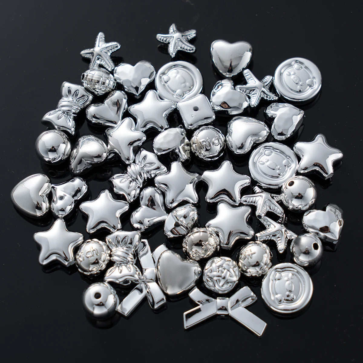 20g Y2K Acrylic Mixed Bowknot, Flower, and Heart Beads for DIY Jewelry – Silver