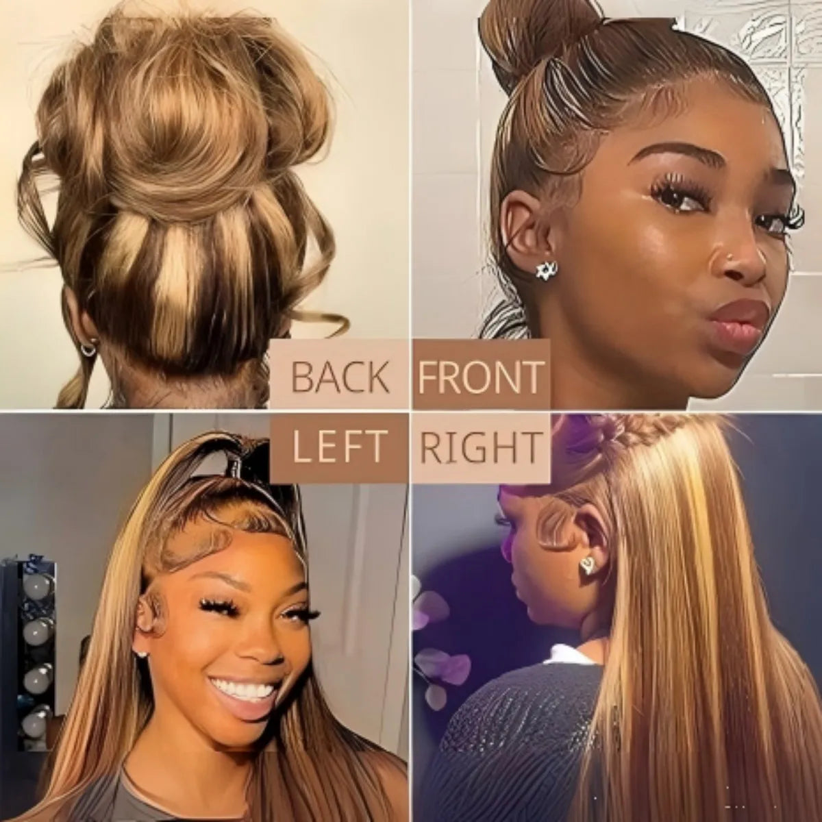 Models showing different styles of 16-inch honey blonde highlighted straight human hair lace front wig