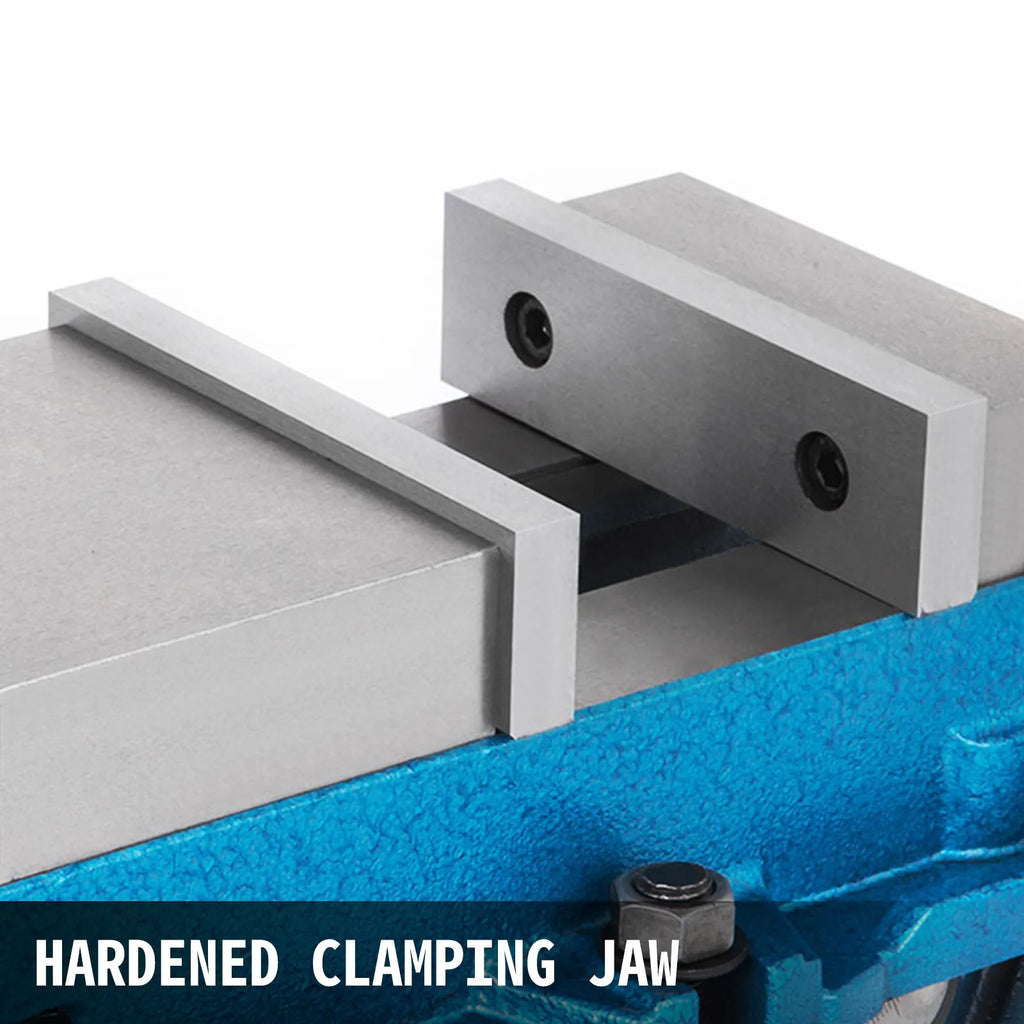 Close up of hardened metal jaws on a blue milling vise