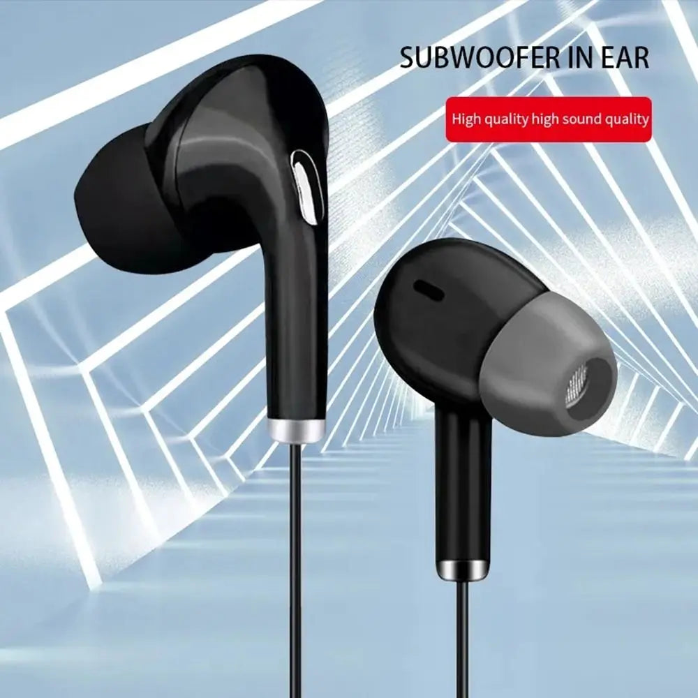 Black wired in-ear headphones with silicone tips shown against a blue abstract background.