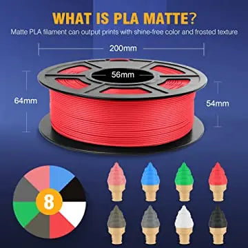 Dimensional diagram of a 3D printer filament spool with small ice cream cone samples in matching colours.