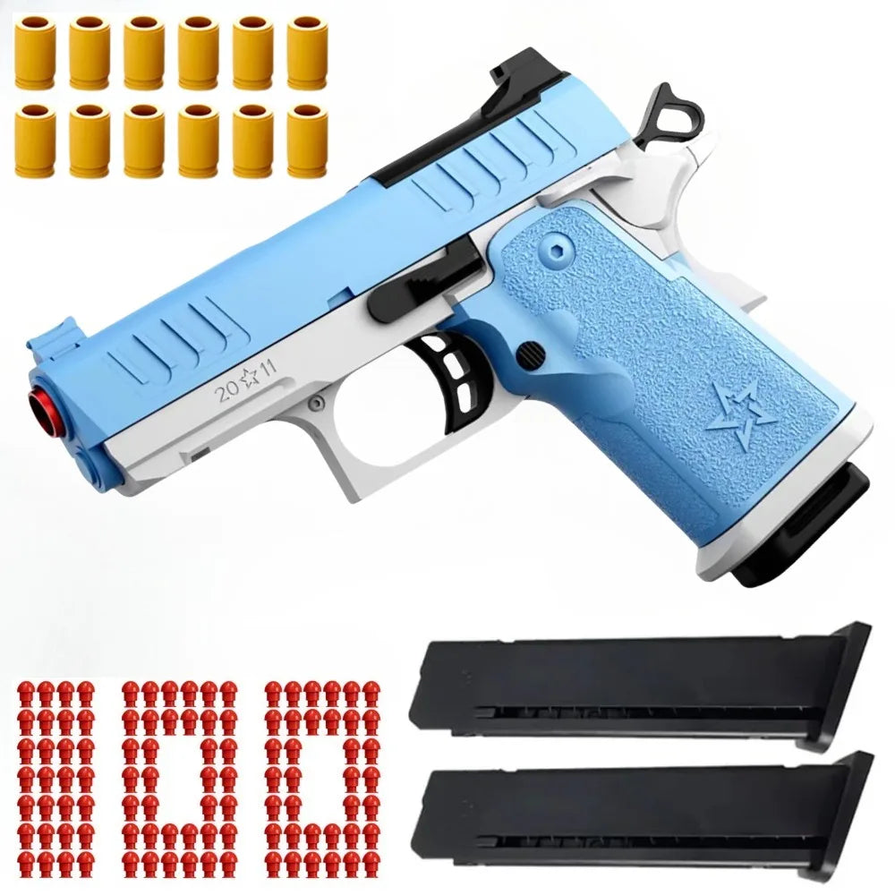 Blue and silver toy pistol with extra bullet casings and two black magazines