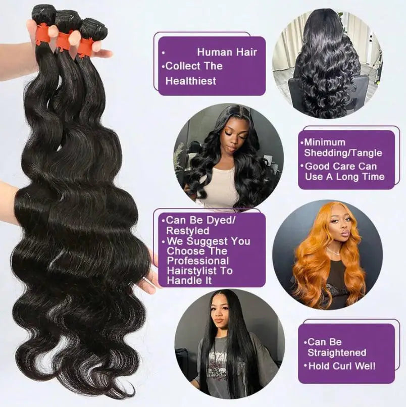 Natural black body wave Brazilian human hair bundles in various lengths – view 3