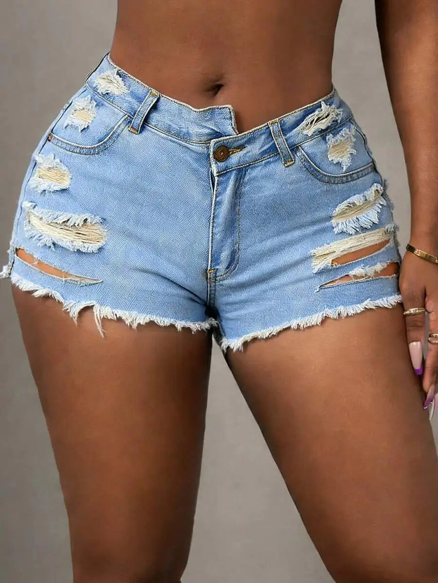 Light blue denim shorts with high waist, distressed rips and raw frayed hem