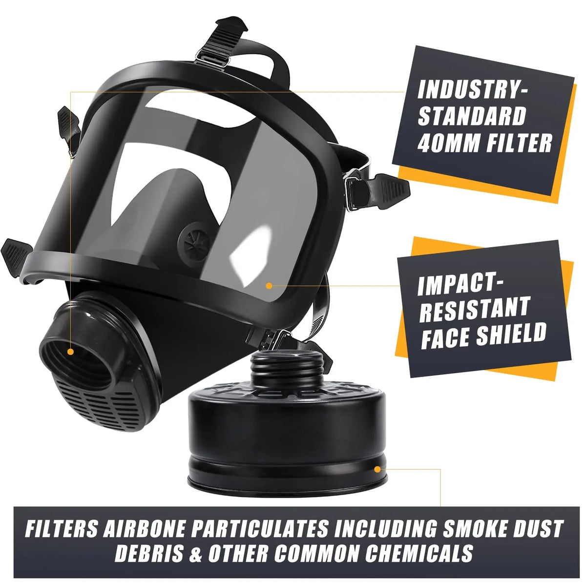 Full face gas mask with filter showing features and protection capabilities