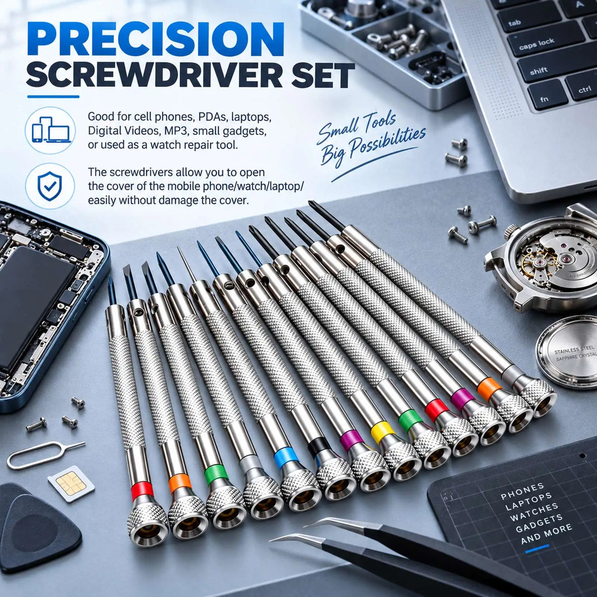 A precision screwdriver set with various tips laid out on a table with tools and repair components.