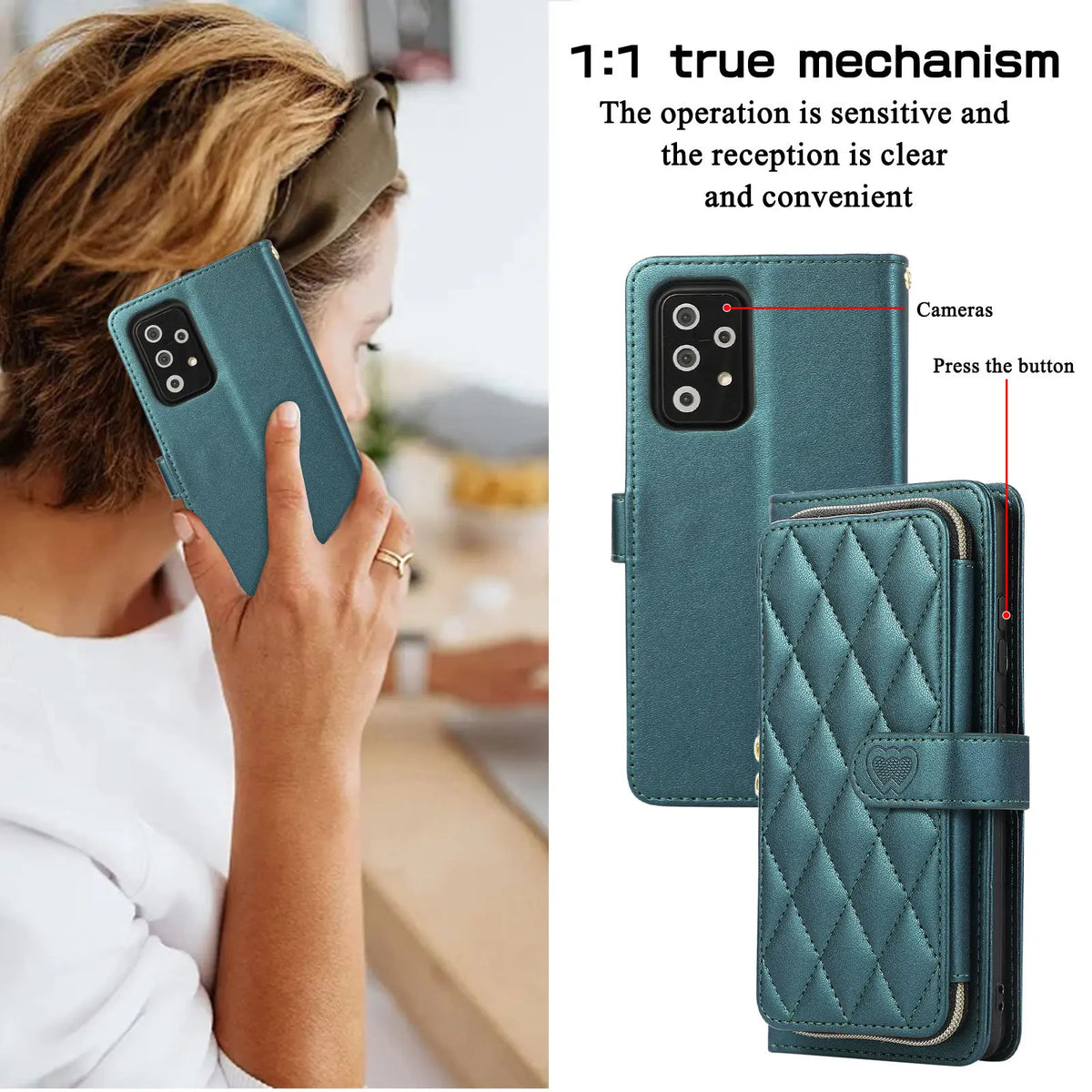 Person holding green wallet phone case to ear.