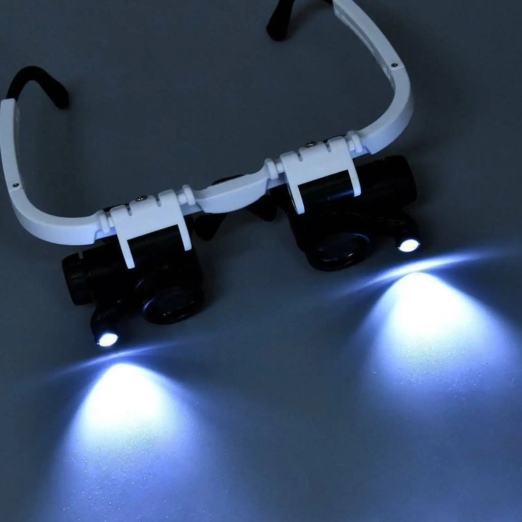 Head-mounted magnifier glasses shown in dark environment with activated bright LED lights