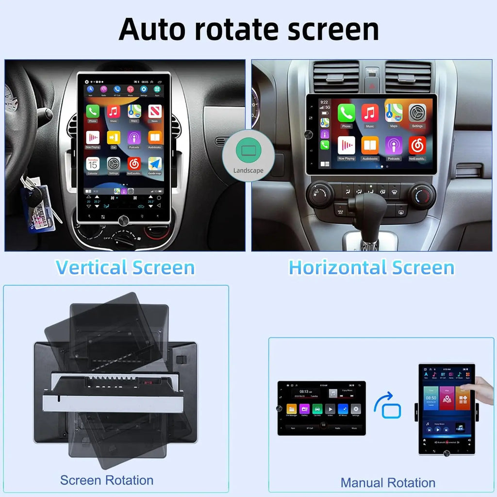Car stereo system demonstrating vertical and horizontal screen rotation capabilities