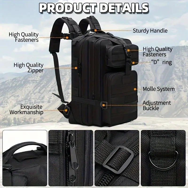 Detailed product features of black tactical hiking backpack