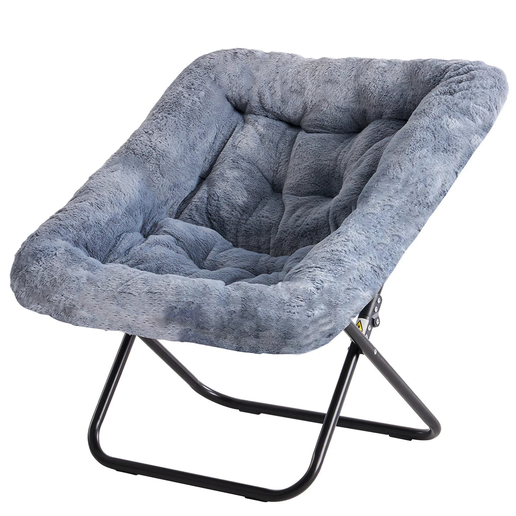 JHK 28-Inch Faux Fur Saucer Chair, Foldable Padded Lounge Seat – Light Gray