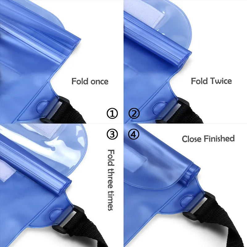A four-step tutorial showing how to properly seal a blue waterproof bag by folding the top