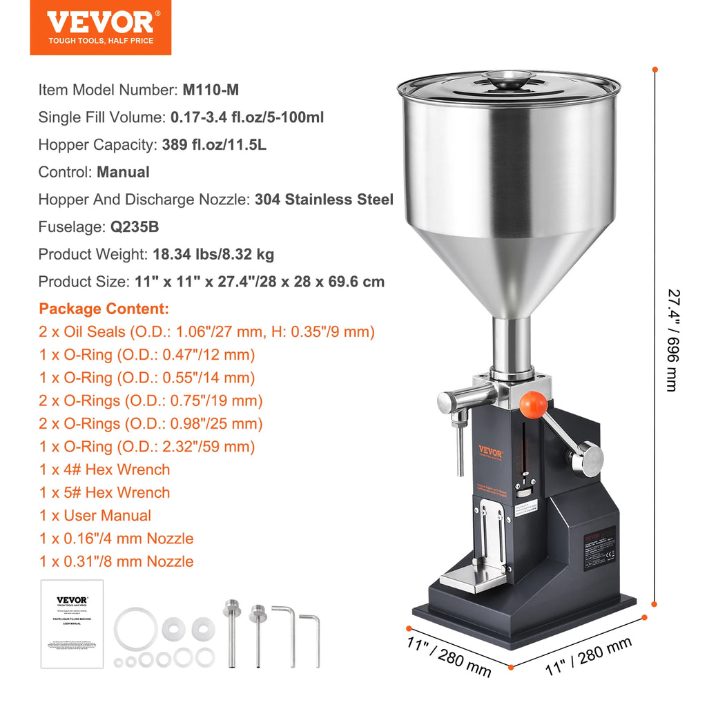 VEVOR Manual Liquid Filling Machine, Stainless Steel, 5–100ml Adjustable – 5-100ml