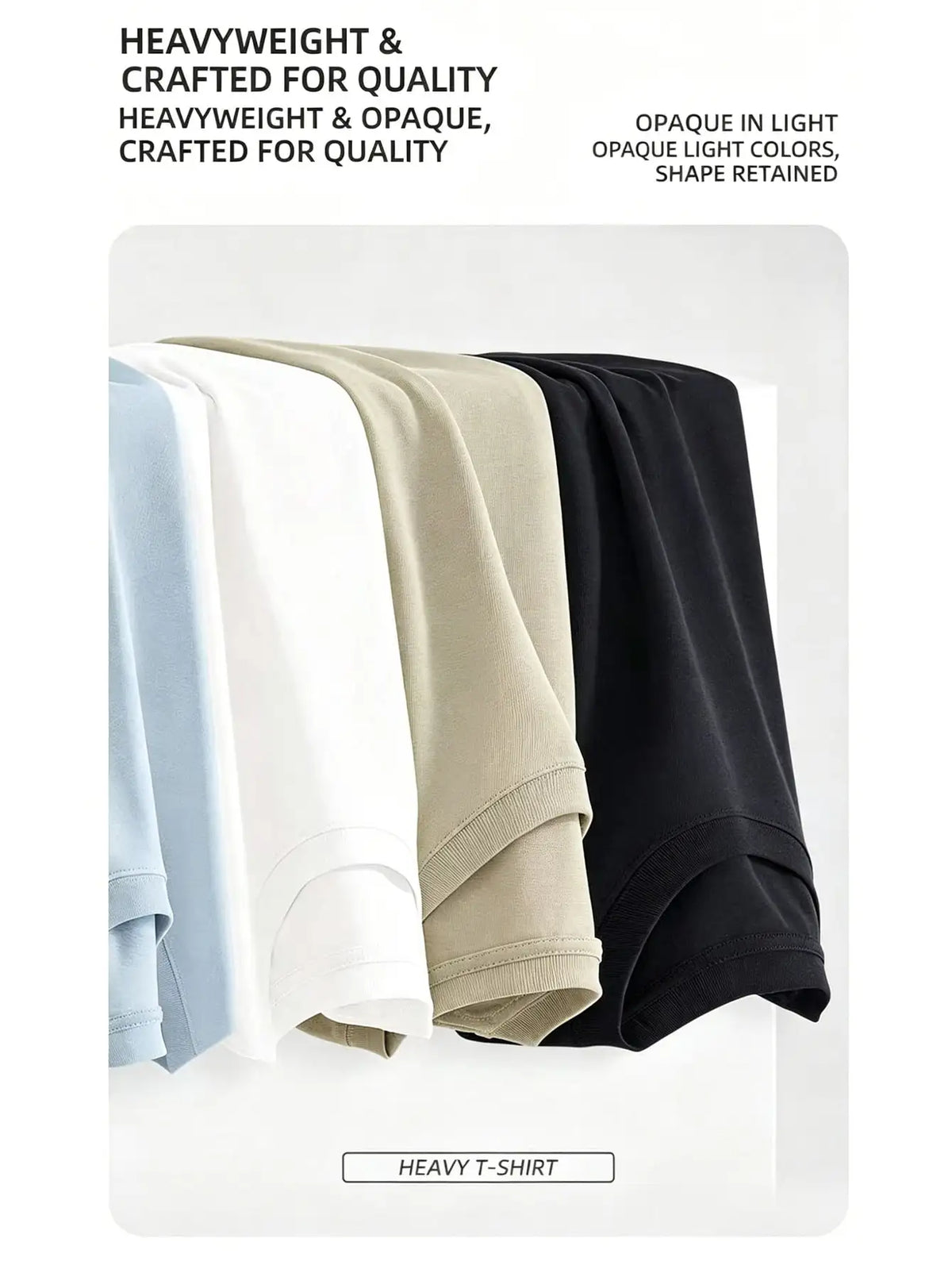Stack of colored cotton t-shirts displayed to show quality and opacity