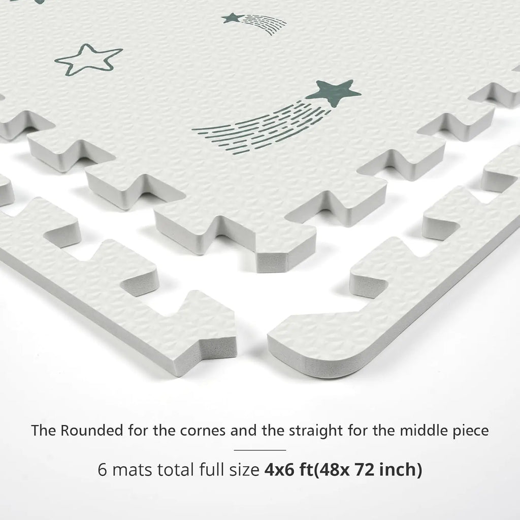 Interlocking foam mat corner and straight pieces with green star pattern details, specifying dimensions.
