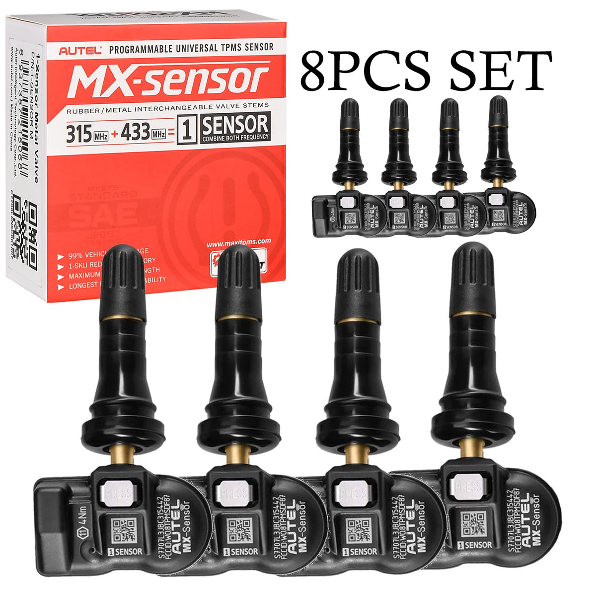 Autel 2-in-1 MX-Sensor 315MHz/433MHz Programmable TPMS Sensor – 8pcs Rubber Valve