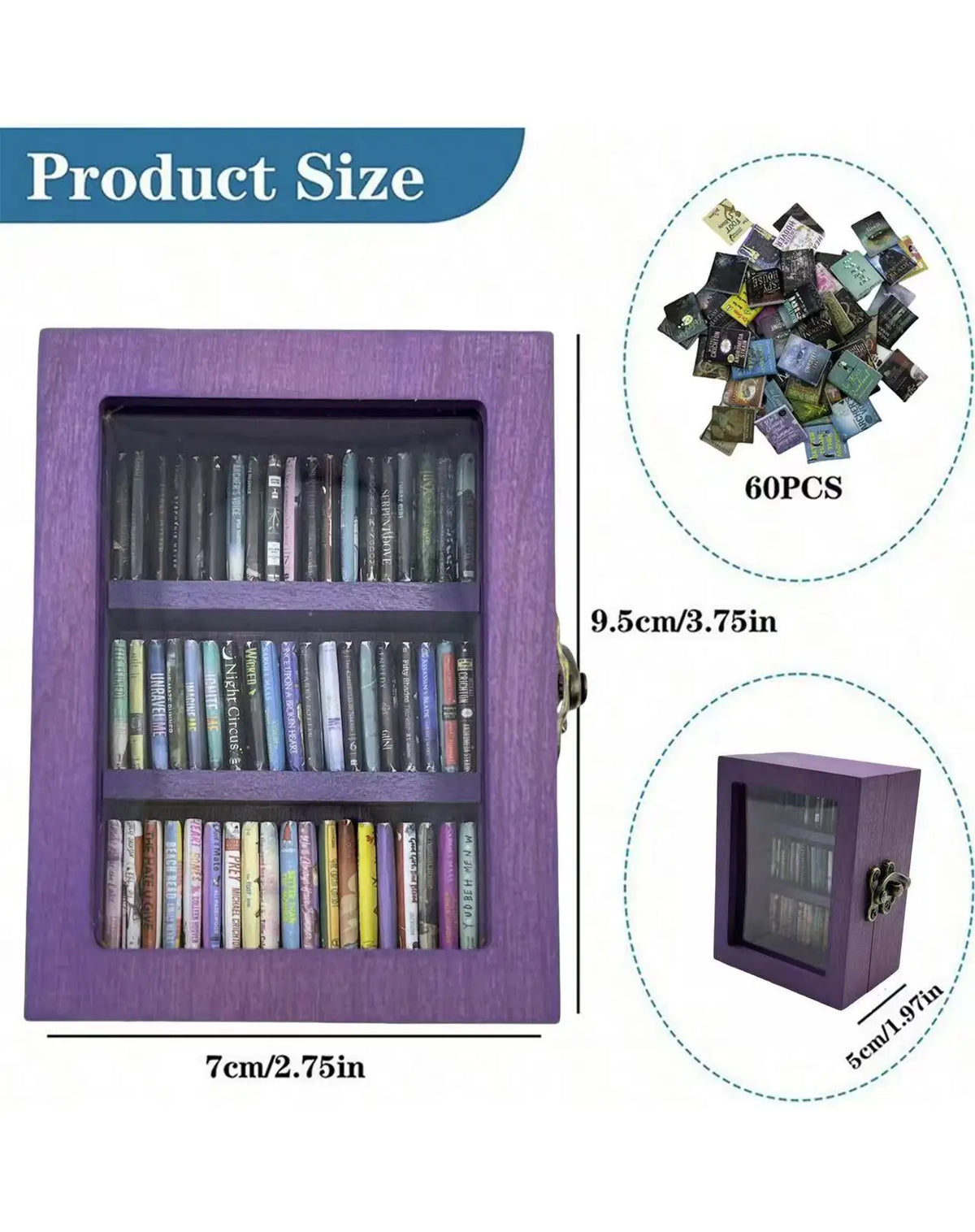 A collage showing a purple miniature bookshelf and loose books with dimensions and text overlays.
