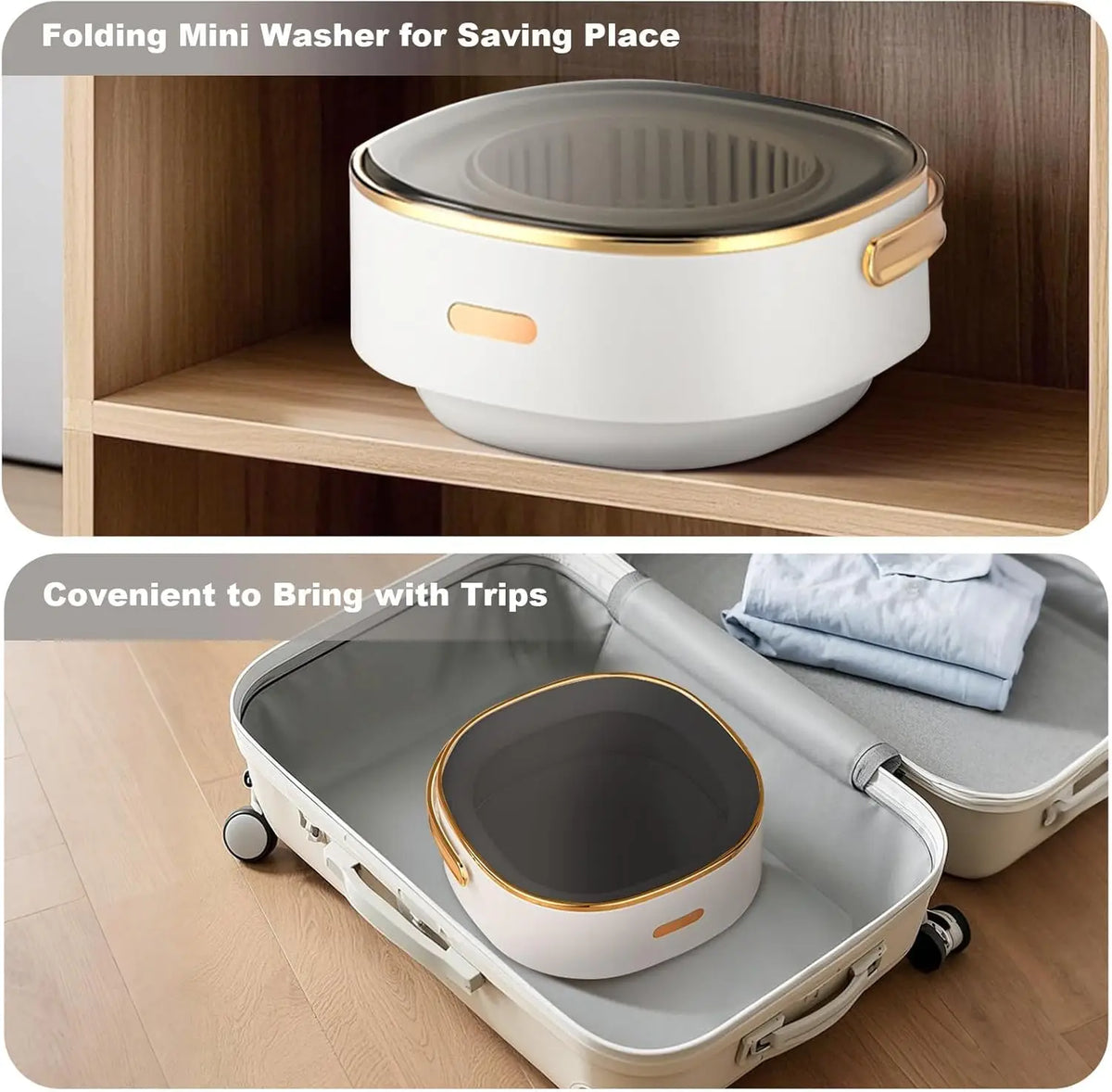Portable mini foldable washing machine shown on a shelf and inside an open suitcase.