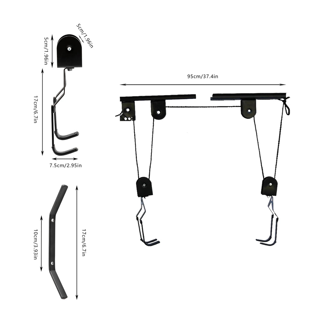 Black Bicycle Ceiling Lift Hoist - 60kg Capacity Steel Bike Rack – black