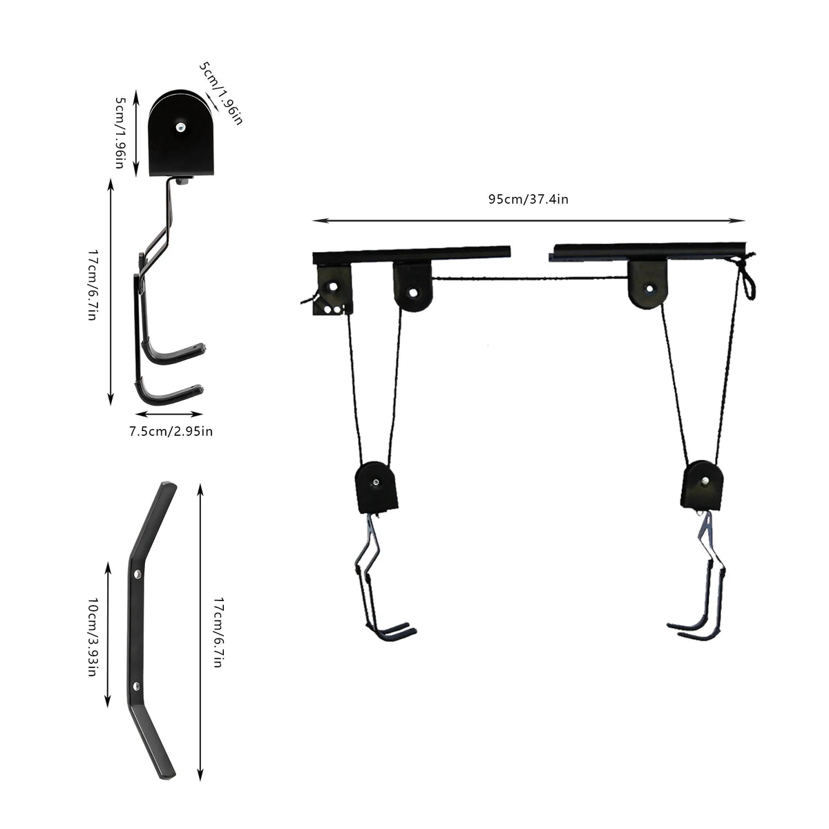 Black Bicycle Ceiling Lift Hoist - 60kg Capacity Steel Bike Rack – black